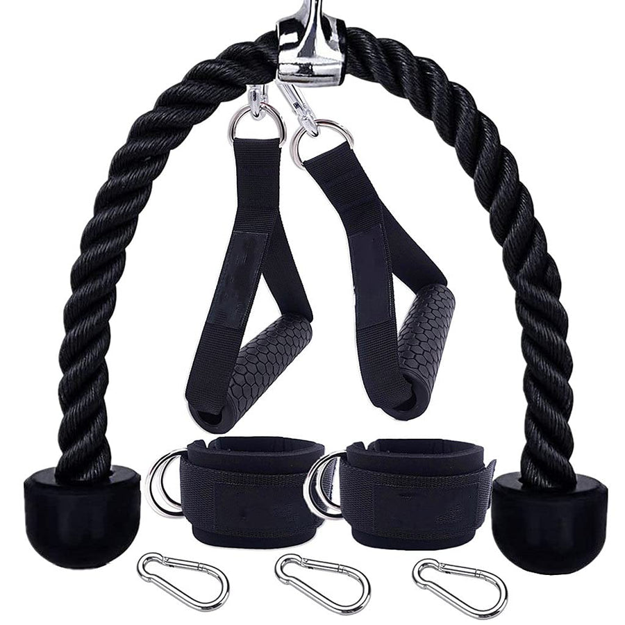 Home Gym Cable Machine Attachment Set with Handles, Ankle Straps & Tricep Rope