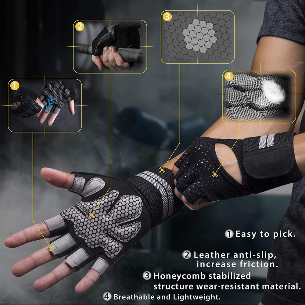 Fingerless Workout Gloves with Wrist Wrap Support & Palm Protection